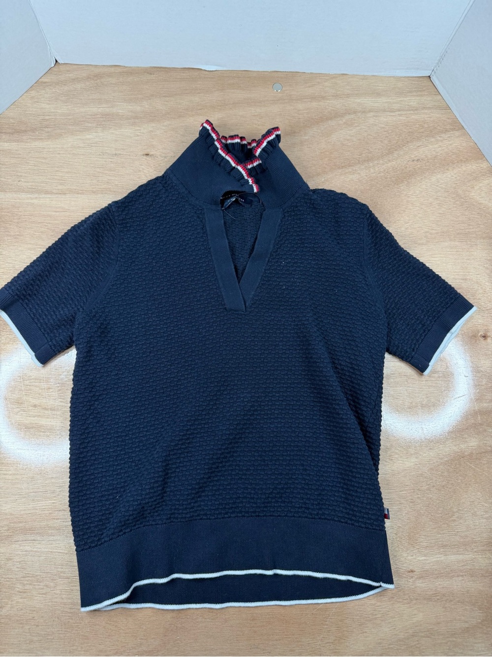 Tommy Hilfiger Sweater Womens S Navy Textured Knit Mock Neck Short Sleeve